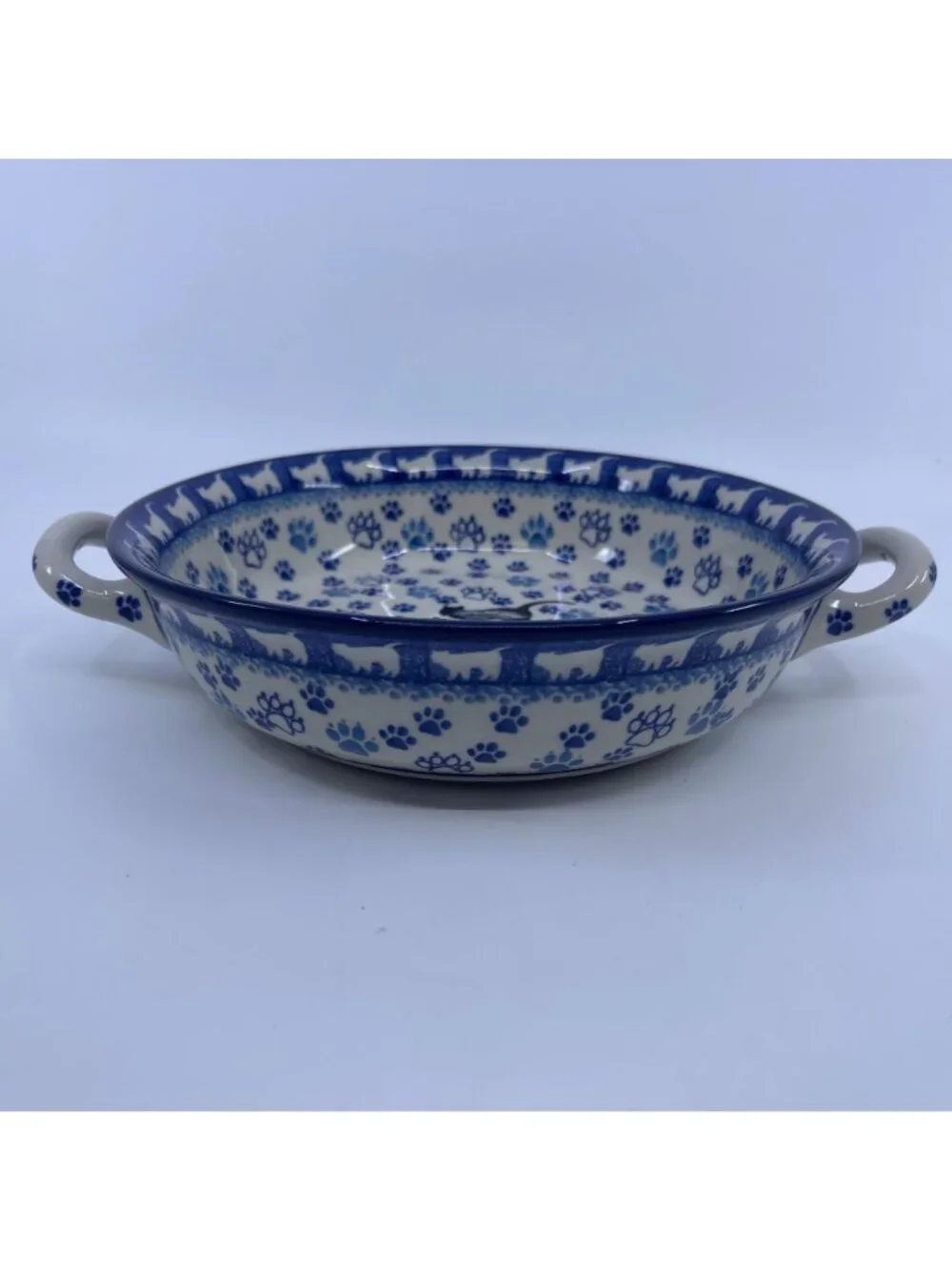 handmade polish pottery baker with 2 handles boo boo kitty paws pattern